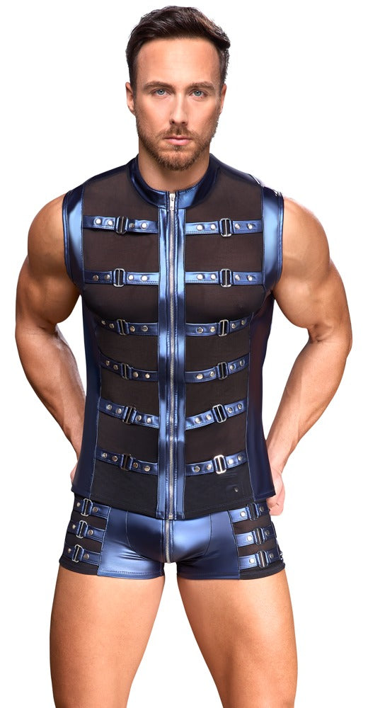 Ärmellose Zipper-Weste in Blau mit schwarzem Netz und Schnallen