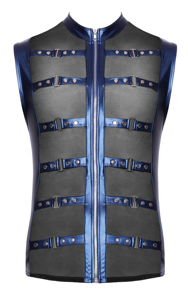 Ärmellose Zipper-Weste in Blau mit schwarzem Netz und Schnallen
