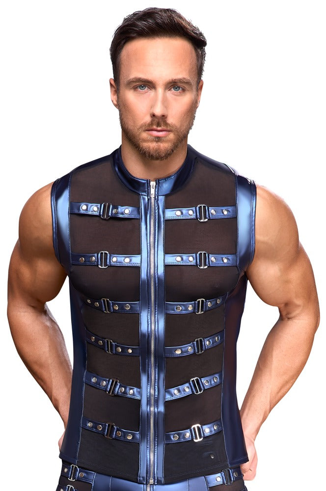 Ärmellose Zipper-Weste in Blau mit schwarzem Netz und Schnallen