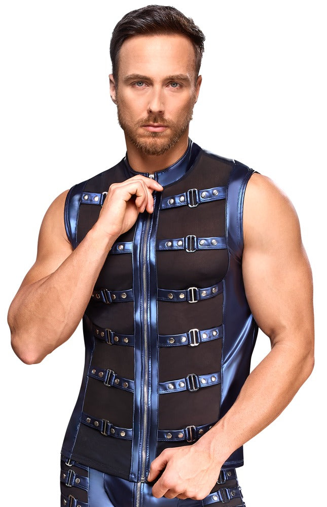 Ärmellose Zipper-Weste in Blau mit schwarzem Netz und Schnallen