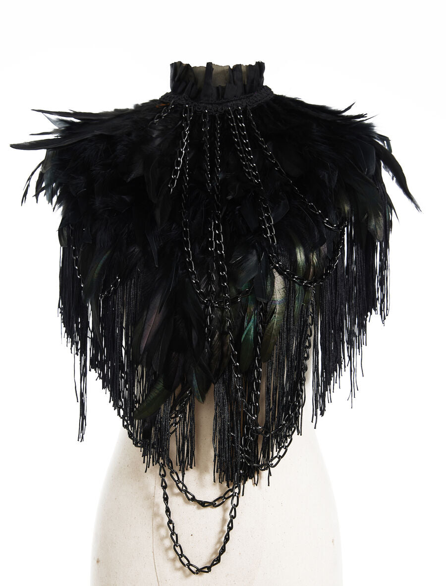 Opulenter Bolero mit blau grünen Federn, Fransen und Ketten