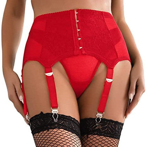 Roter Strumpfhalter mit Slip, Haken vorne