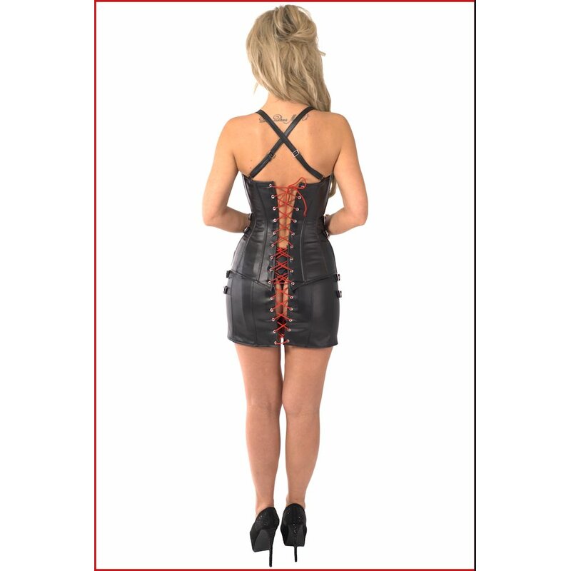 CF053 Kunstleder-Korsage mit Schnallen, roter Schnürung & Zipper