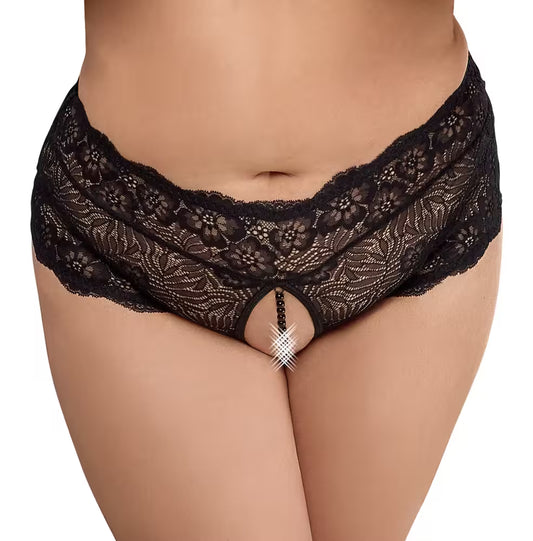 Slip ouvert aus feiner floraler Spitze mit Perlenkette