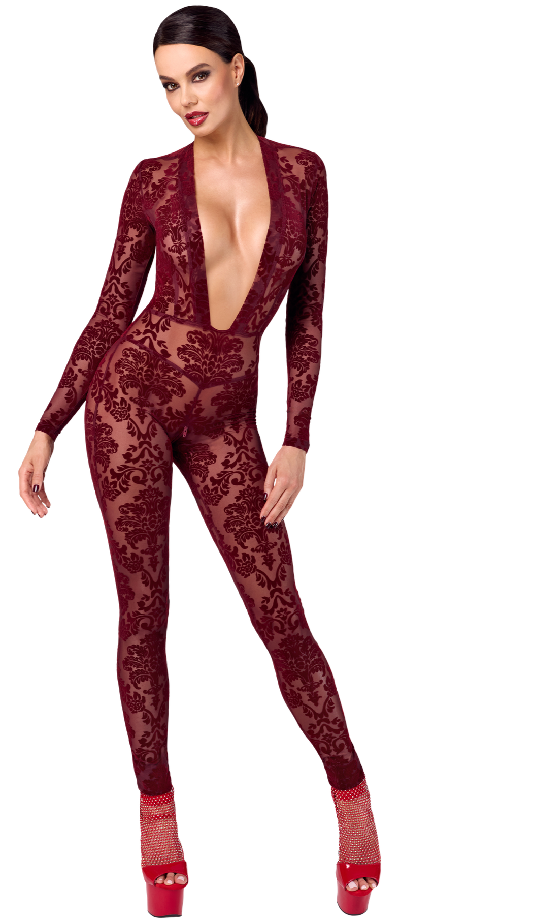 F382 KINKY ROYAL Overall |  Bordeaux Samt Catsuit | Club- & Partywear - Holde Weiblichkeit