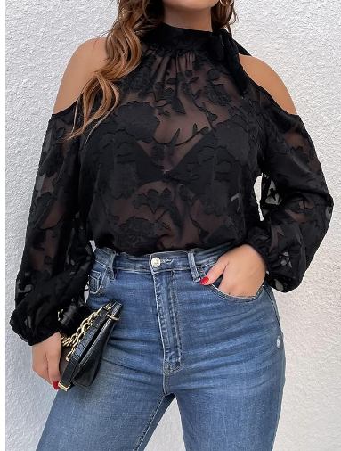 Transparente Off Shoulder Bluse mit Blumen