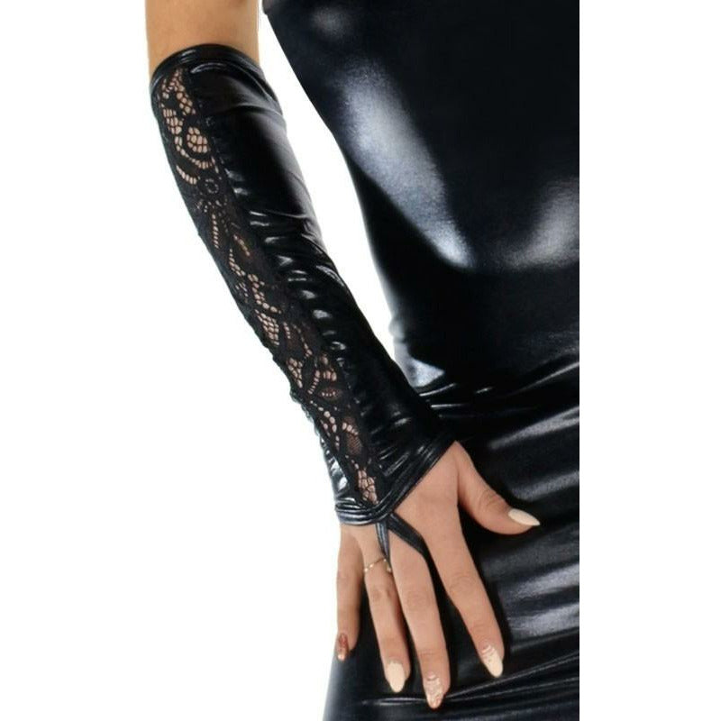 Wetlook Kleid mit Spitze, Neckholder mit Armstulpen